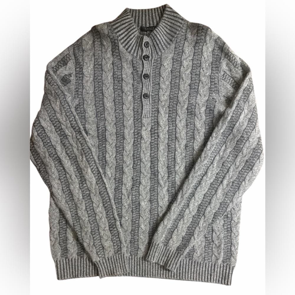 Forte 100% Cashmere Gray Cable Knit Henley Sweater Size L